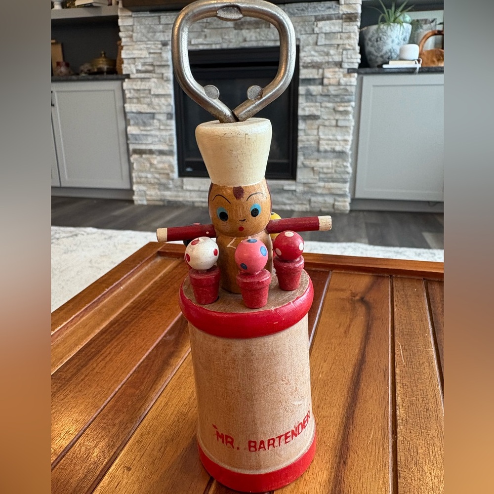Vintage Mr Bartender Wood Bottle Opener Corkscrew Cocktail Sticks Set